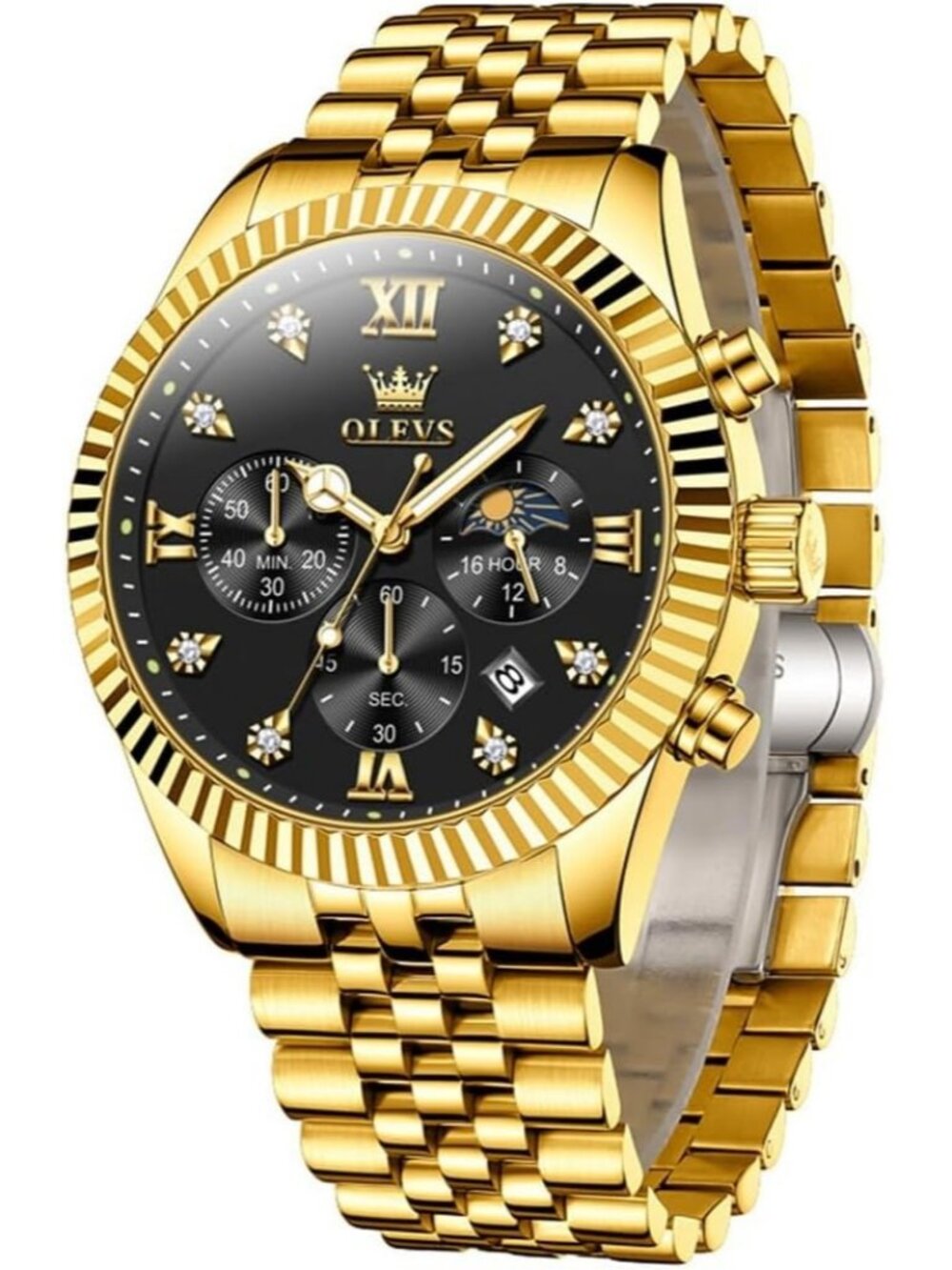 OLEVS Men's Gold Black Luxury Gold Stainless Steel Big Face Waterproof Watch